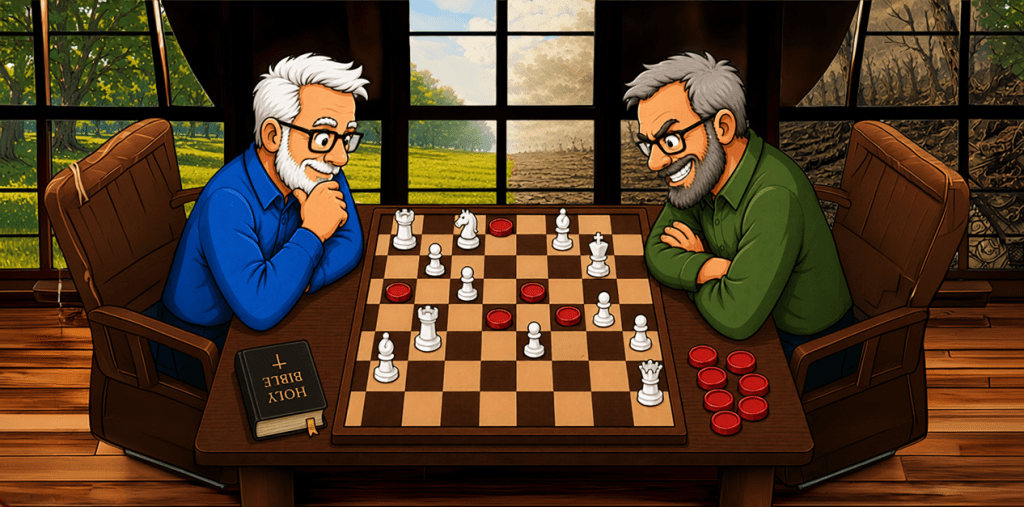 A board game where one man is playing checkers and the other is playing chess.